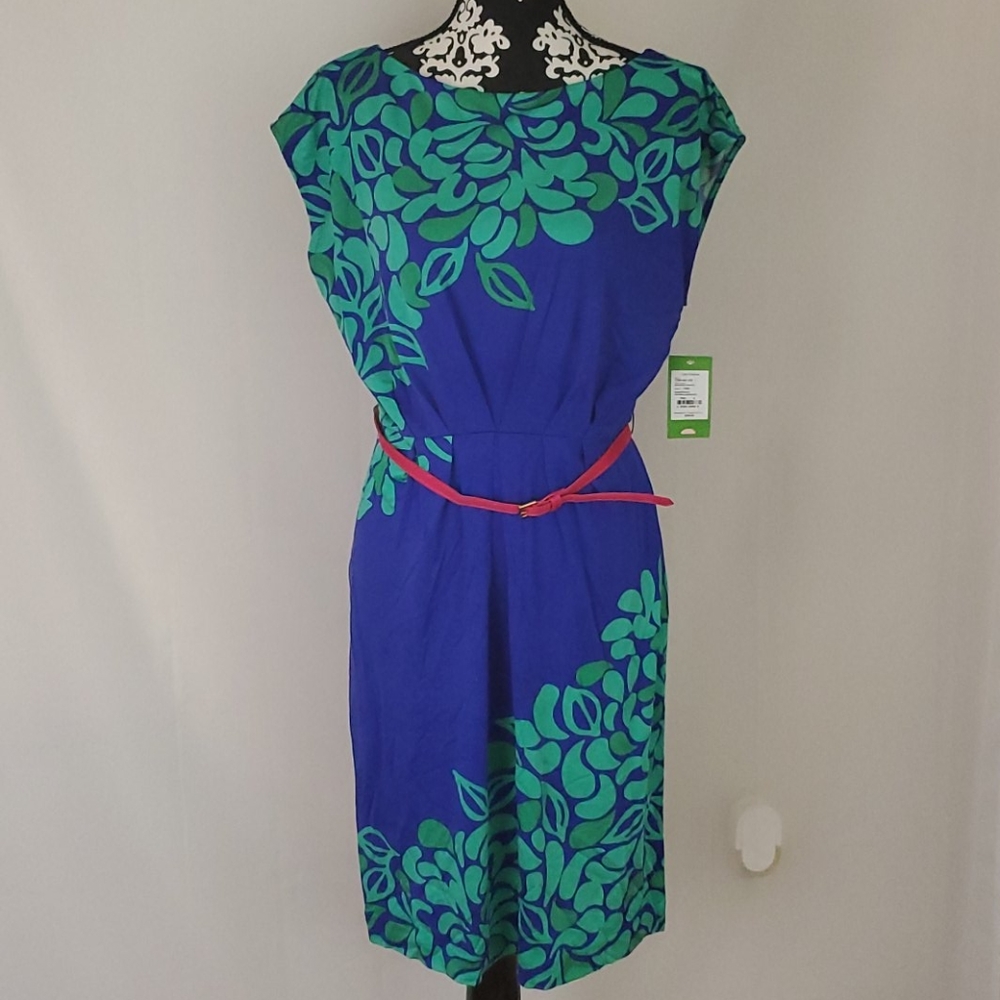 Lilly Pulitzer Blue Dress with Green Floral Print and Pink Belt